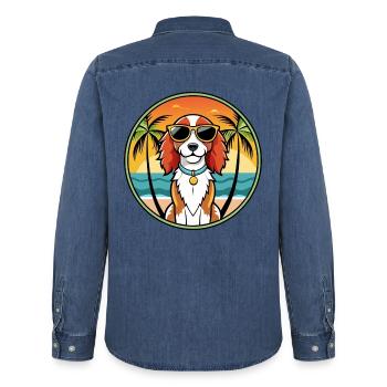 Welsh Springer Spaniel Hunderasse Cartoon Beach - Männer Jeanshemd Organic von Stanley/Stella - verwaschenes Mittelblau  - Hinten - AI Model Male 185 light (185cm)