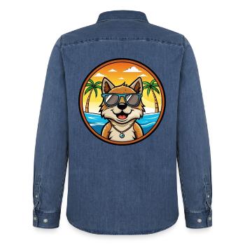 Volpino Italiano Chien Race Dessin Animé Lunettes De Soleil Plage - Chemise en denim homme bio Stanley/Stella - bleu moyen délavé  - Dos - AI Model Male 185 light (185cm)