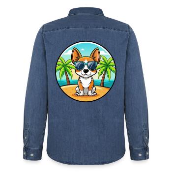 Spielzeug Foxterrier Hund Rasse Cartoon Sonnenbrille Strand - Männer Jeanshemd Organic von Stanley/Stella - verwaschenes Mittelblau  - Hinten - AI Model Male 185 light (185cm)