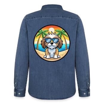 Tibetische Kyi Apso Hunderasse Cartoon Sonnenbrille Strand - Männer Jeanshemd Organic von Stanley/Stella - verwaschenes Mittelblau  - Hinten - AI Model Male 185 light (185cm)