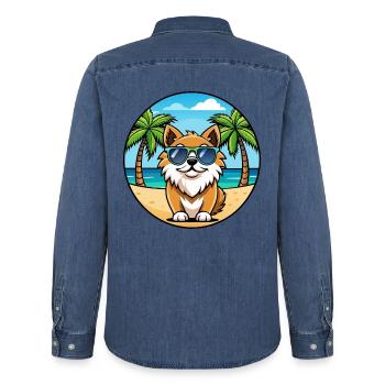 Tibetischer Spaniel Hund Rasse Cartoon Sonnenbrille Strand - Männer Jeanshemd Organic von Stanley/Stella - verwaschenes Mittelblau  - Hinten - AI Model Male 185 light (185cm)