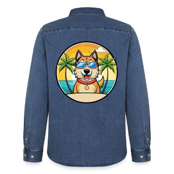 Schäferhund Rasse Cartoon Sonnenbrille Strand - Männer Jeanshemd Organic von Stanley/Stella - verwaschenes Mittelblau  - Hinten - AI Model Male 185 light (185cm)