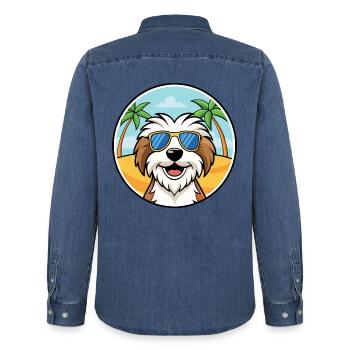 Tibet Terrier Hund Rasse Cartoon Sonnenbrille Strand - Männer Jeanshemd Organic von Stanley/Stella - verwaschenes Mittelblau  - Hinten - AI Model Male 185 light (185cm)
