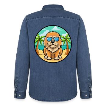 Tibetische Dogge Hunderasse Cartoon Sonnenbrille Strand - Männer Jeanshemd Organic von Stanley/Stella - verwaschenes Mittelblau  - Hinten - AI Model Male 185 light (185cm)