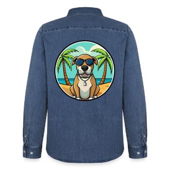 Spanische Dogge Hund Rasse Cartoon Sonnenbrille Strand - Männer Jeanshemd Organic von Stanley/Stella - verwaschenes Mittelblau  - Hinten - AI Model Male 185 light (185cm)