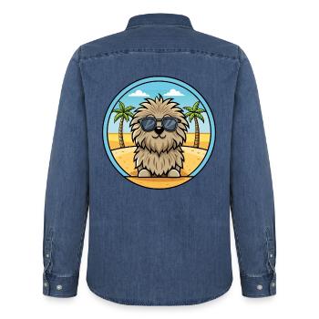 Puli Chien Race Dessin Animé Lunettes De Soleil Plage - Chemise en denim homme bio Stanley/Stella - bleu moyen délavé  - Dos - AI Model Male 185 light (185cm)