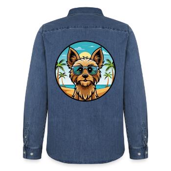 Silky Terrier Hund Rasse Cartoon Sonnenbrille Strand - Männer Jeanshemd Organic von Stanley/Stella - verwaschenes Mittelblau  - Hinten - AI Model Male 185 light (185cm)