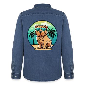 Shar Pei Hunderasse Cartoon Sonnenbrille Strand - Männer Jeanshemd Organic von Stanley/Stella - verwaschenes Mittelblau  - Hinten - AI Model Male 185 light (185cm)