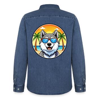 Seppala Sibirische Schlittenhunderasse Cartoon Sonnenbrille - Männer Jeanshemd Organic von Stanley/Stella - verwaschenes Mittelblau  - Hinten - AI Model Male 185 light (185cm)