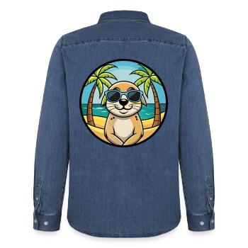 Seskar phoque chien race dessin animé lunettes de soleil plage - Chemise en denim homme bio Stanley/Stella - bleu moyen délavé  - Dos - AI Model Male 185 light (185cm)