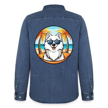Samojede Hunderasse Cartoon Sonnenbrille Strand - Männer Jeanshemd Organic von Stanley/Stella - verwaschenes Mittelblau  - Hinten - AI Model Male 185 light (185cm)
