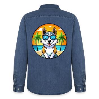Russo Europäische Laika Hunderasse Cartoon Sonnenbrille - Männer Jeanshemd Organic von Stanley/Stella - verwaschenes Mittelblau  - Hinten - AI Model Male 185 light (185cm)