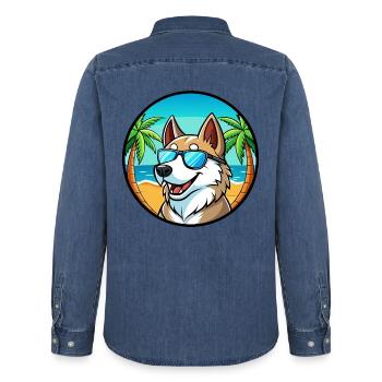 Russisch Europäischer Laika Hund Rasse Cartoon Strand - Männer Jeanshemd Organic von Stanley/Stella - verwaschenes Mittelblau  - Hinten - AI Model Male 185 light (185cm)