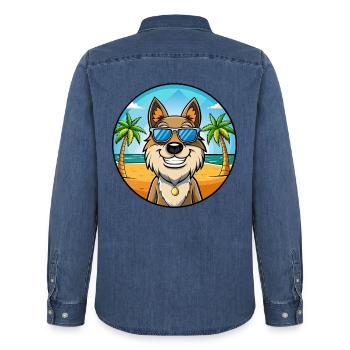 Chien de berger roumain race dessin animé lunettes de soleil plage - Chemise en denim homme bio Stanley/Stella - bleu moyen délavé  - Dos - AI Model Male 185 light (185cm)