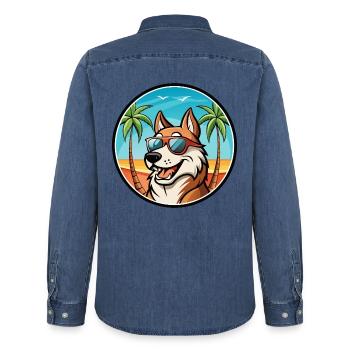 Russischer Jagdhund Rasse Cartoon Sonnenbrille Strand - Männer Jeanshemd Organic von Stanley/Stella - verwaschenes Mittelblau  - Hinten - AI Model Male 185 light (185cm)