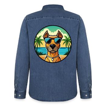 Rhodesian Ridgeback Hunderasse Cartoon Sonnenbrille - Männer Jeanshemd Organic von Stanley/Stella - verwaschenes Mittelblau  - Hinten - AI Model Male 185 light (185cm)