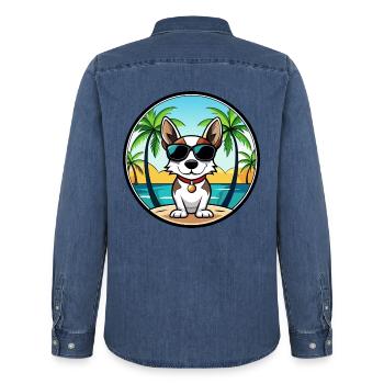 Rat Terrier Hund Rasse Cartoon Sonnenbrille Strand - Männer Jeanshemd Organic von Stanley/Stella - verwaschenes Mittelblau  - Hinten - AI Model Male 185 light (185cm)