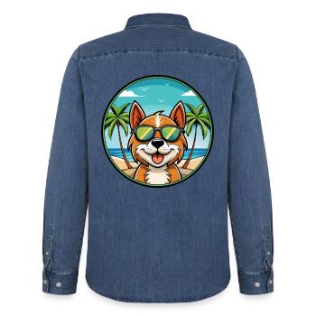 Portugiesisch Podengo Pequeno Hunderasse Cartoon Strand - Männer Jeanshemd Organic von Stanley/Stella - verwaschenes Mittelblau  - Hinten - AI Model Male 185 light (185cm)