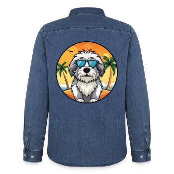 Polnische Tiefland-Schäferhund-Rasse Cartoon-Sonnenbrille - Männer Jeanshemd Organic von Stanley/Stella - verwaschenes Mittelblau  - Hinten - AI Model Male 185 light (185cm)
