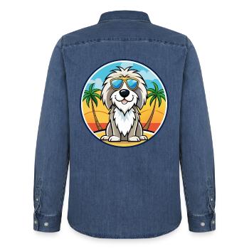 Chien de berger picard race dessin animé lunettes de soleil plage - Chemise en denim homme bio Stanley/Stella - bleu moyen délavé  - Dos - AI Model Male 185 light (185cm)