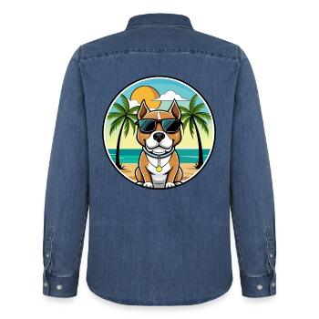 Pitbull Hund Rasse Cartoon Sonnenbrille Strand - Männer Jeanshemd Organic von Stanley/Stella - verwaschenes Mittelblau  - Hinten - AI Model Male 185 light (185cm)