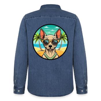 Race de chien sans poils péruvienne dessin animé lunettes de soleil plage - Chemise en denim homme bio Stanley/Stella - bleu moyen délavé  - Dos - AI Model Male 185 light (185cm)