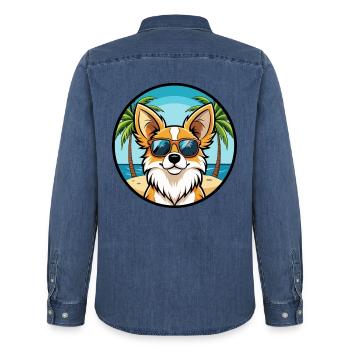 Papillon Hunderasse Cartoon Sonnenbrille Strand - Männer Jeanshemd Organic von Stanley/Stella - verwaschenes Mittelblau  - Hinten - AI Model Male 185 light (185cm)