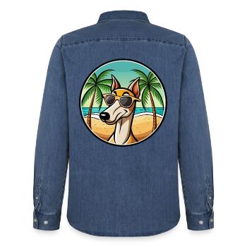 Alter kroatischer Windhund Hunderasse Cartoon Strand - Männer Jeanshemd Organic von Stanley/Stella - verwaschenes Mittelblau  - Hinten - AI Model Male 185 light (185cm)