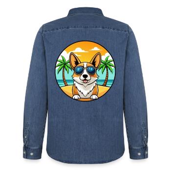 Pembroke Welsh Corgi Hunderasse Cartoon Sonnenbrille - Männer Jeanshemd Organic von Stanley/Stella - verwaschenes Mittelblau  - Hinten - AI Model Male 185 light (185cm)