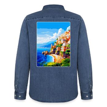 Amalfi Italien Vintage Reiseposter WPA Souvenir - Männer Jeanshemd Organic von Stanley/Stella - verwaschenes Mittelblau  - Hinten - AI Model Male 185 light (185cm)