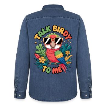 Talk Birdy To Me - Men’s Organic Denim Shirt by Stanley/Stella - mid washy  - Back - AI Model Male 185 light (185cm)