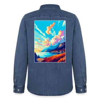 Bergen Norvège Affiche de voyage vintage WPA Souvenir - Chemise en denim homme bio Stanley/Stella - bleu moyen délavé  - Dos - AI Model Male 185 light (185cm)