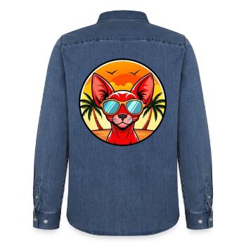 Rote Devon Rex Katzenrasse Cartoon Sonnenbrille Strand - Männer Jeanshemd Organic von Stanley/Stella - verwaschenes Mittelblau  - Hinten - AI Model Male 185 light (185cm)