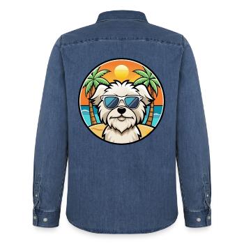 Malteser Hund Rasse Cartoon Sonnenbrille Strand - Männer Jeanshemd Organic von Stanley/Stella - verwaschenes Mittelblau  - Hinten - AI Model Male 185 light (185cm)