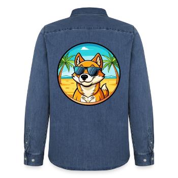 Lunettes de soleil de dessin animé de race de chien chantant de Nouvelle-Guinée - Chemise en denim homme bio Stanley/Stella - bleu moyen délavé  - Dos - AI Model Male 185 light (185cm)