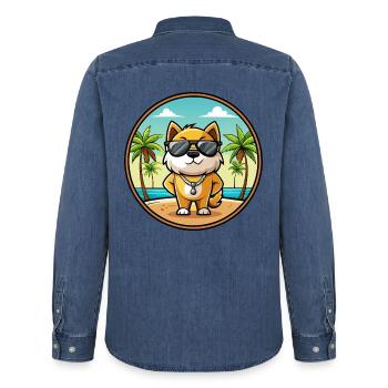 Milieu Asiatique Ovtcharka Chien Race Dessin Animé Plage - Chemise en denim homme bio Stanley/Stella - bleu moyen délavé  - Dos - AI Model Male 185 light (185cm)