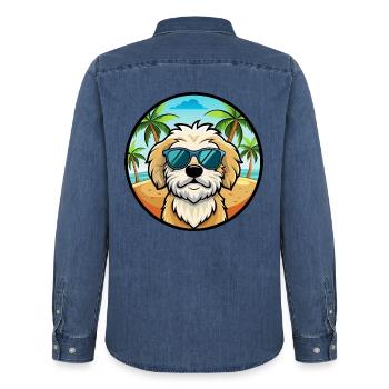 Maltipoo Chien Race Dessin Animé Lunettes de Soleil Plage - Chemise en denim homme bio Stanley/Stella - bleu moyen délavé  - Dos - AI Model Male 185 light (185cm)