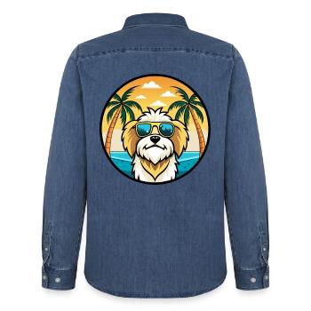 Lhassa Apso Chien Race Dessin Animé Lunettes De Soleil Plage - Chemise en denim homme bio Stanley/Stella - bleu moyen délavé  - Dos - AI Model Male 185 light (185cm)