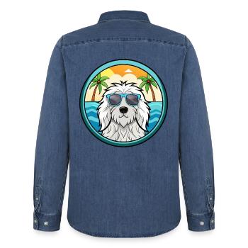 Komondor Hunderasse Cartoon Sonnenbrille Strand - Männer Jeanshemd Organic von Stanley/Stella - verwaschenes Mittelblau  - Hinten - AI Model Male 185 light (185cm)