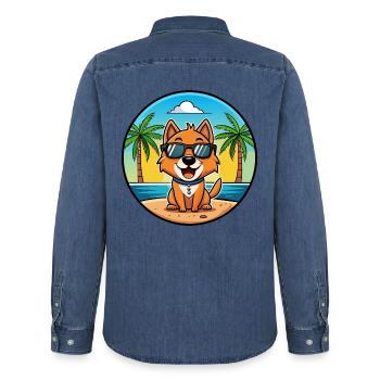 Kyi Leo Hunderasse Cartoon Sonnenbrille Strand - Männer Jeanshemd Organic von Stanley/Stella - verwaschenes Mittelblau  - Hinten - AI Model Male 185 light (185cm)