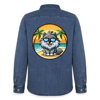 Keeshond Hunderasse Cartoon Sonnenbrille Strand - Männer Jeanshemd Organic von Stanley/Stella - verwaschenes Mittelblau  - Hinten - AI Model Male 185 light (185cm)