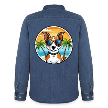 Jack Russell Terrier Chien Race Dessin Animé Lunettes de Soleil - Chemise en denim homme bio Stanley/Stella - bleu moyen délavé  - Dos - AI Model Male 185 light (185cm)