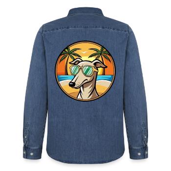 Windhund Hund Rasse Cartoon Sonnenbrille Strand - Männer Jeanshemd Organic von Stanley/Stella - verwaschenes Mittelblau  - Hinten - AI Model Male 185 light (185cm)