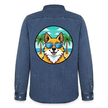 Deutscher Spitz Hund Rasse Cartoon Sonnenbrille Strand - Männer Jeanshemd Organic von Stanley/Stella - verwaschenes Mittelblau  - Hinten - AI Model Male 185 light (185cm)