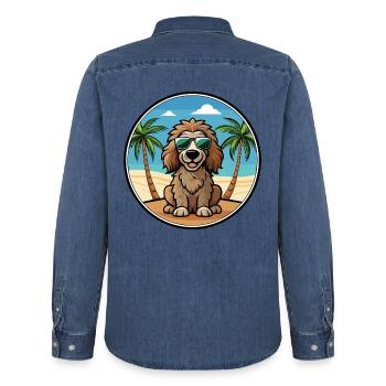 Irish Water Spaniel Hunderasse Cartoon Sonnenbrille - Männer Jeanshemd Organic von Stanley/Stella - verwaschenes Mittelblau  - Hinten - AI Model Male 185 light (185cm)