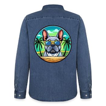 Französische Bulldogge Rasse Cartoon Sonnenbrille Strand - Männer Jeanshemd Organic von Stanley/Stella - verwaschenes Mittelblau  - Hinten - AI Model Male 185 light (185cm)