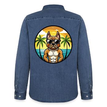 Deutscher Boxer Hund Rasse Cartoon Sonnenbrille Strand - Männer Jeanshemd Organic von Stanley/Stella - verwaschenes Mittelblau  - Hinten - AI Model Male 185 light (185cm)