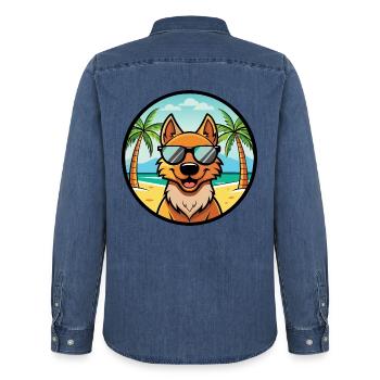 Friesischer Vorstehhund Rasse Cartoon Sonnenbrille Strand - Männer Jeanshemd Organic von Stanley/Stella - verwaschenes Mittelblau  - Hinten - AI Model Male 185 light (185cm)