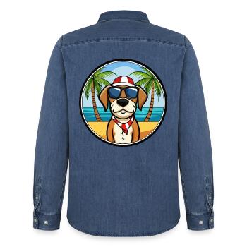 Französische Tricolor Hound Rasse Cartoon Sonnenbrille - Männer Jeanshemd Organic von Stanley/Stella - verwaschenes Mittelblau  - Hinten - AI Model Male 185 light (185cm)