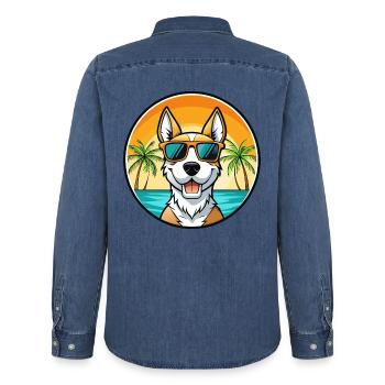 Foxterrier Smooth Dog Rasse Cartoon Sonnenbrille - Männer Jeanshemd Organic von Stanley/Stella - verwaschenes Mittelblau  - Hinten - AI Model Male 185 light (185cm)
